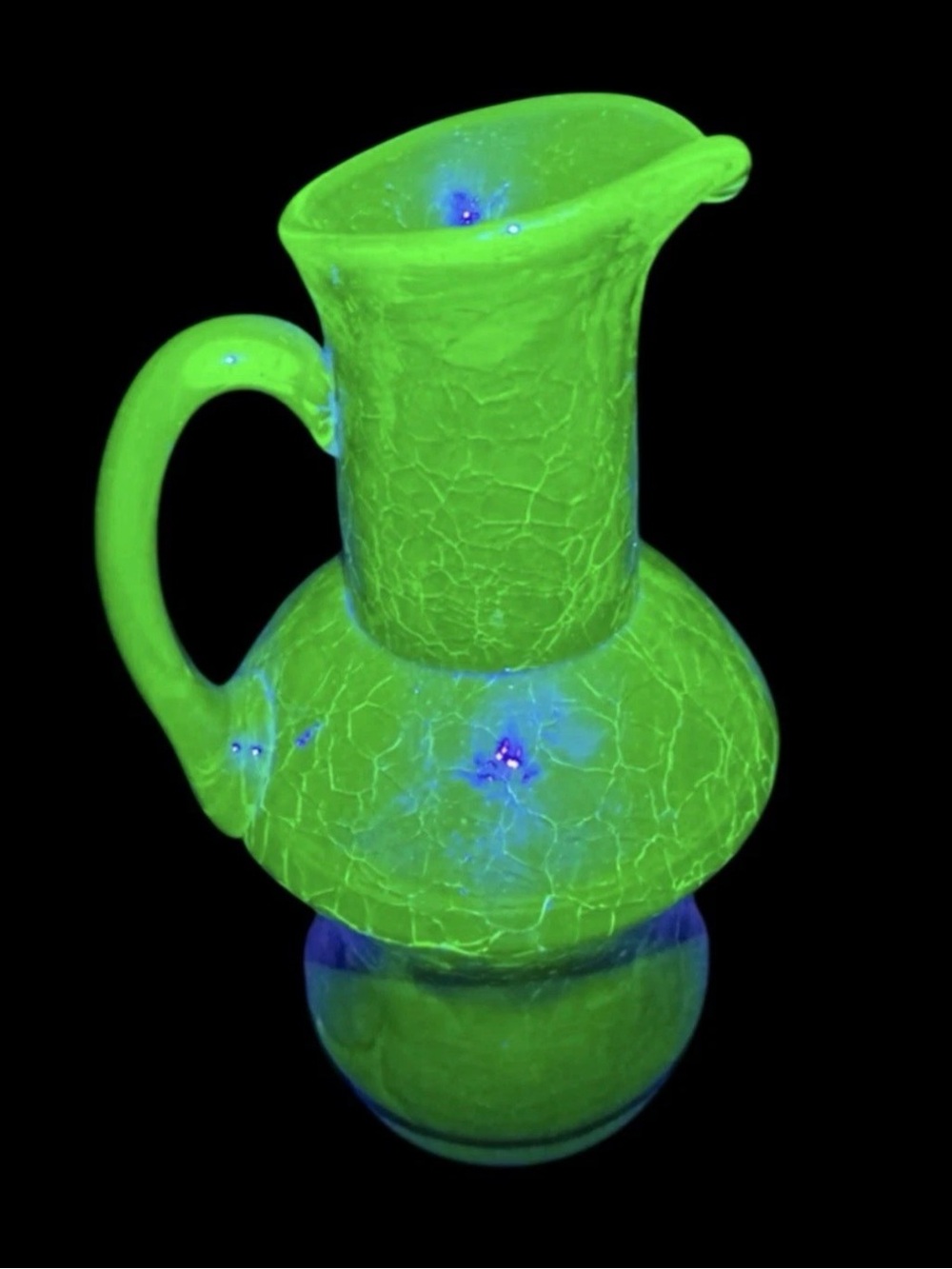 Crackle Glass Green  5” Mini Glass Pitcher Vase Glows under a UV Light